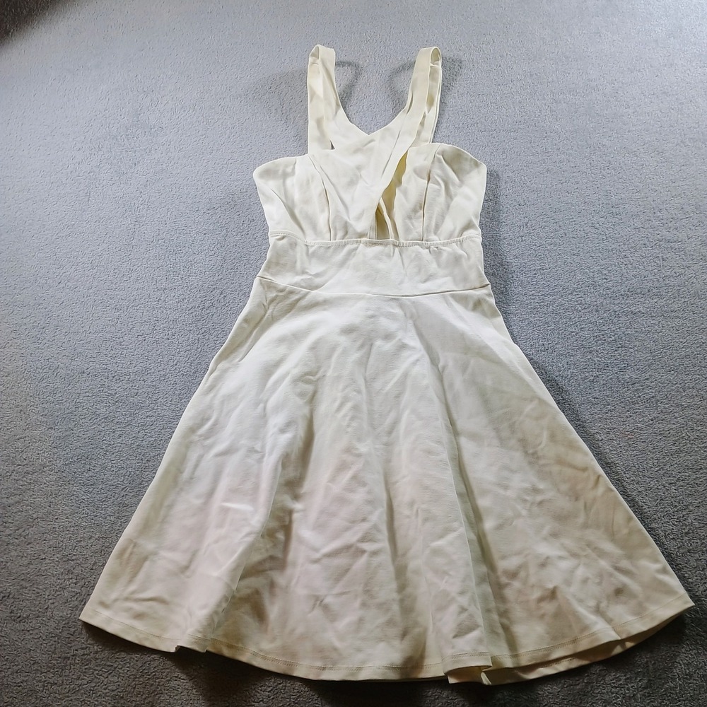 Lulus Womens Skater Dress White Small‎ Crossover Neck Fit and Flare Summer